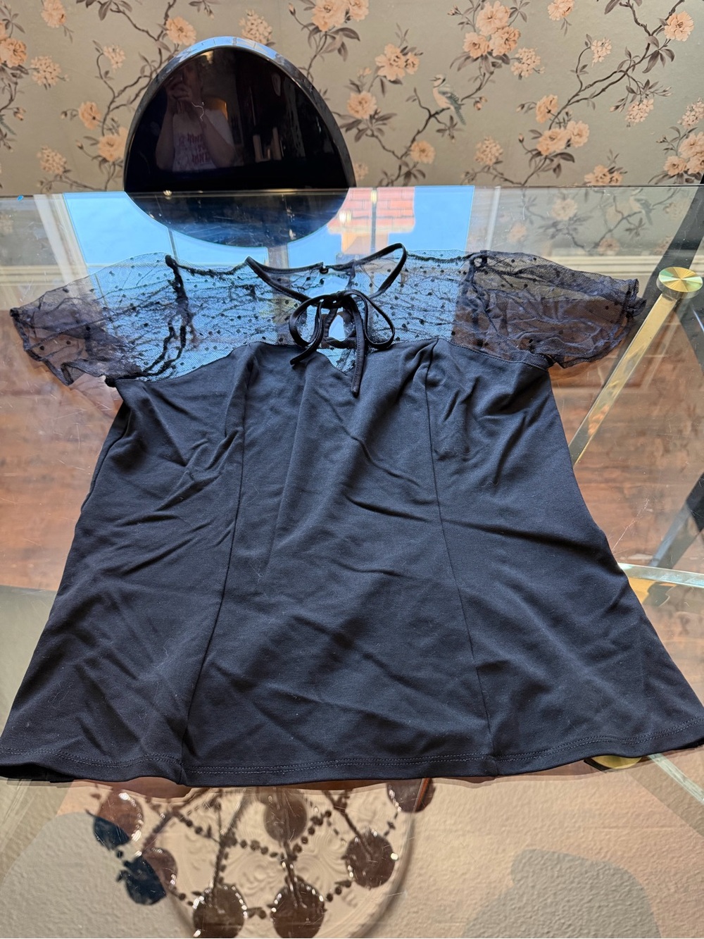 Unique Vintage Black Lace Yoke Tie-Front Camisole